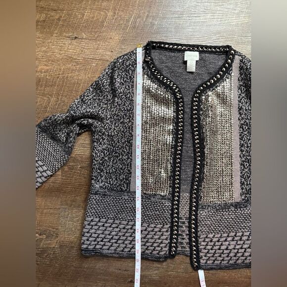 CHICO’S Black & Gold Metallic Sequin Shawnee open Cardigan Sweater Sz 0 EUC - Picture 12 of 14
